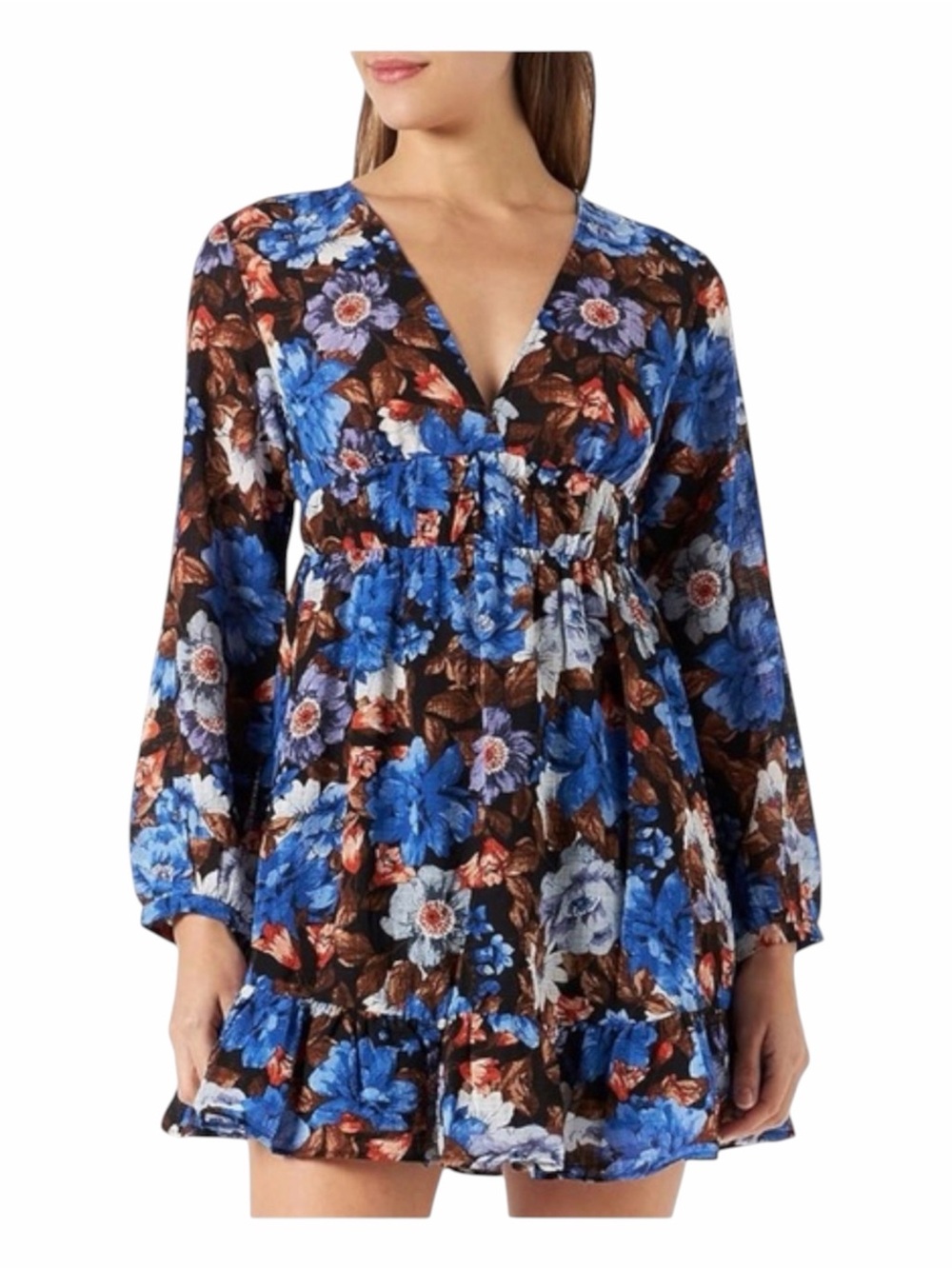 ✅ NWT Zara Blue Floral V-Neck Mini Dress size L